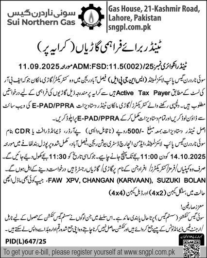Sui Northern Gas Company Limited Lahore Tender Notice
